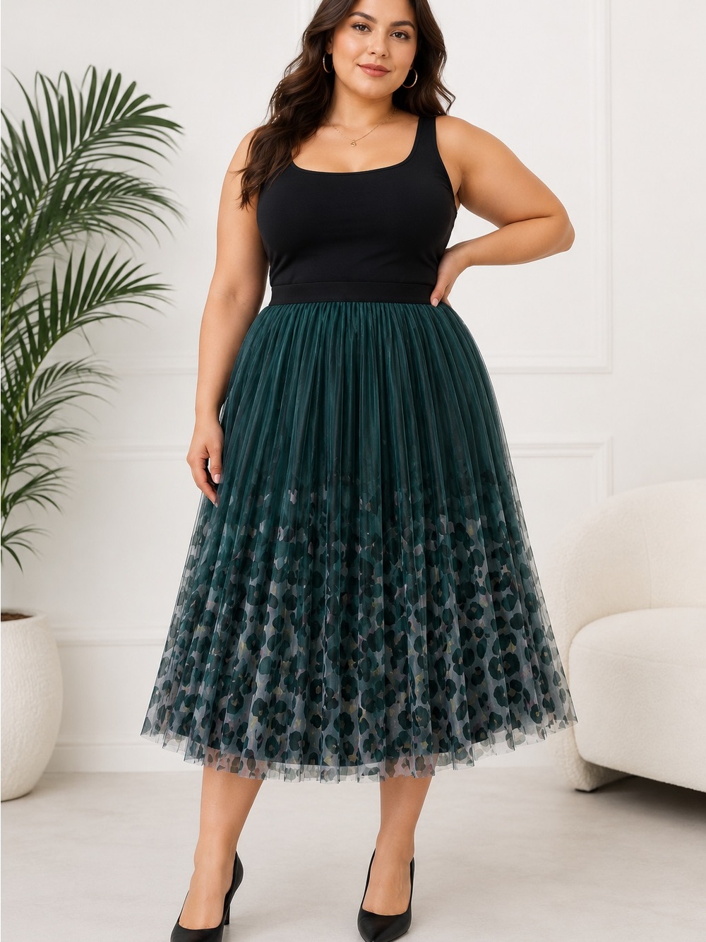Sz L Enchanted Sheer Leopard Midi Skirt – Emerald Green - Picture 1 of 5